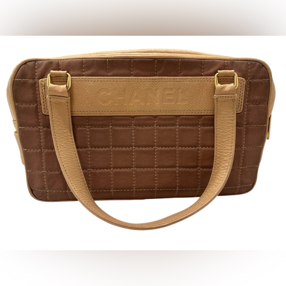 CHANEL Chocolate Bar Line Handbag Beige Brown Canvas Leather